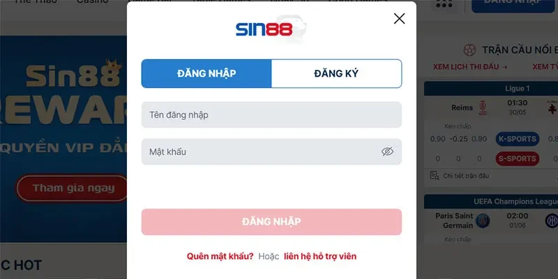 Biểu mẫu đăng nhập SIN88 đơn giản, hoàn thành chỉ mất vài giây